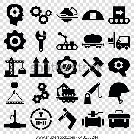 Industrial icons set. set of 25 industrial filled icons such as construction crane, gear in head, toolbox, wrench, hook with cargo, nail gun, electric saw, pump, water pipe