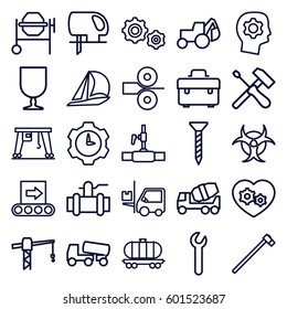 industrial icons set. Set of 25 industrial outline icons such as toolbox, screw, construction crane, concrete mixer, excavator, electric saw, pump, garden hammer, water pipe