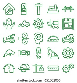 Industrial icons set. set of 25 industrial outline icons such as barn, gear in head, gear, drill, concrete mixer, vice clamp, excavator, crane, electric saw, handle with care