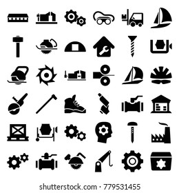 Industrial icons. set of 36 editable filled industrial icons such as barn, screw, gear, nail gun, welding glasses, electric saw, vice clamp, pump, sailboat, garden hammer