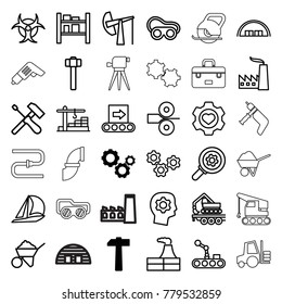 Industrial icons. set of 36 editable outline industrial icons such as gear, hammer, barn, factory, construction, welding glasses, sailboat, garden hammer, heart in gear