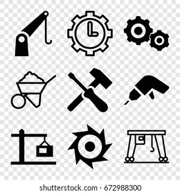 Industrial icons set. set of 9 industrial filled and outline icons such as drill, cargo crane, construction  crane, gear    sign symb, saw, construction, clock in gear