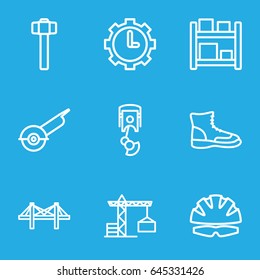 Industrial icons set. set of 9 industrial outline icons such as construction crane, electric saw, garden hammer, bridge, clock in gear, robot arm, helmet, boot