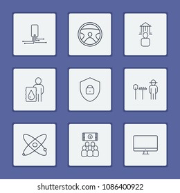 Industrial icons set with banking building, automotive and petrol barrel elements. Set of industrial icons and car wheel concept. Editable vector elements for logo app UI design.