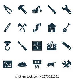 Industrial icons set with boer, saw, shovel and other graphite elements. Isolated vector illustration industrial icons.