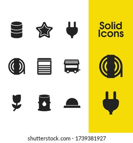 Industrial icons set with cable, button and caravan elements. Set of industrial icons and flower concept. Editable vector elements for logo app UI design.