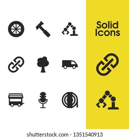 Industrial icons set with caravan, microphone and chain elements. Set of industrial icons and crane concept. Editable vector elements for logo app UI design.