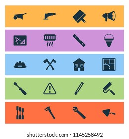 Industrial icons set with chisel, caution, building cart and other plumber elements. Isolated vector illustration industrial icons.
