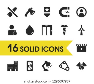 Industrial icons set with city, handshake, ecology elements. Set of industrial icons and socket concept. Editable vector elements for logo app UI design.