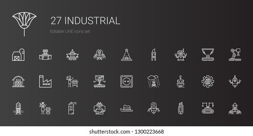 industrial icons set. Collection of industrial with cutter, robot, hat, industrial robot, paint spray, gas, reservoir, acid rain, socket. Editable and scalable icons.