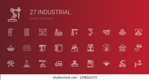 industrial icons set. Collection of industrial with fan, gas station, valve, tractor, industrial robot, hat, hammer, acid rain, robot. Editable and scalable icons.