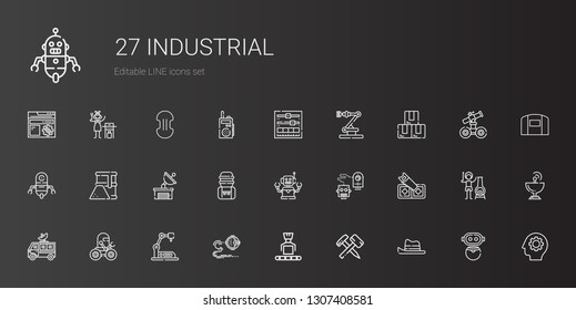 industrial icons set. Collection of industrial with hat, hammer, robot, industrial robot, satellite dish, saw, water tank, fuel, box, setting. Editable and scalable icons.