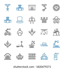 industrial icons set. Collection of industrial with paint spray, robot, box, barn, industrial robot, hat, satellite dish, duty, industry. Editable and scalable icons.