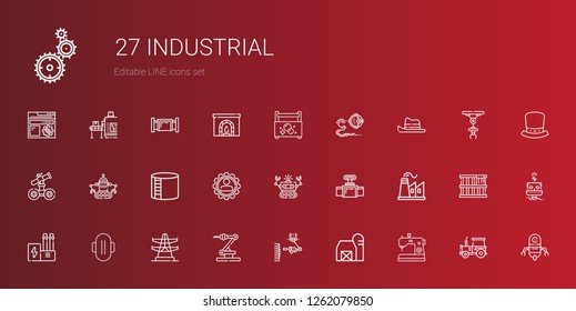 industrial icons set. Collection of industrial with sewing machine, barn, industrial robot, electric tower, compress, industry, factory. Editable and scalable industrial icons.