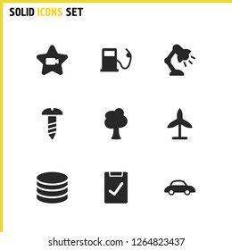 Industrial icons set with database, delivery and vehicle elements. Set of industrial icons and bolt nut concept. Editable vector elements for logo app UI design.