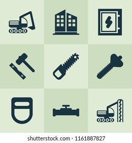 Industrial icons set with electrical board, sawing, drilling machine and other sewerage elements. Isolated vector illustration industrial icons.