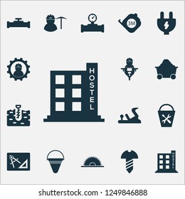 Industrial icons set with fire bucket, sawmill, man with drill and other adapter elements. Isolated vector illustration industrial icons.