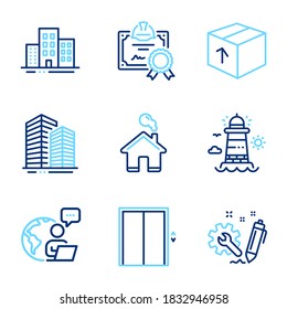 Industrial icons set. Included icon as Package, Engineering, Certificate signs. Home, Skyscraper buildings, Buildings symbols. Lift, Lighthouse line icons. Delivery pack, Construction. Vector