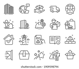 Industrial Icons Set. Included Icon As Exit, Construction Bricks, Buildings Signs. Technical Info, Global Engineering, Hold Box Symbols. Skyscraper Buildings, Truck Delivery, Lighthouse. Vector