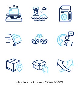 Industrial icons set. Included icon as Hold box, Parcel tracking, Lighthouse signs. Parcel shipping, Push cart, Documentation symbols. Intersection arrows, Typewriter line icons. Vector