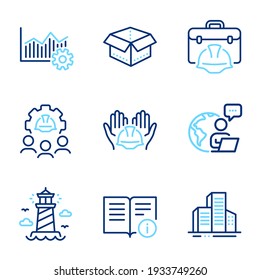 Industrial Icons Set. Included Icon As Technical Info, Lighthouse, Open Box Signs. Buildings, Construction Toolbox, Builders Union Symbols. Engineering Team, Operational Excellence. Vector