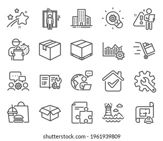 Juego de iconos industriales. Icono incluido como plan de ingeniería, documentación de ingeniería, signos de caja de entrega. Faro, Ascensor, símbolos de estrategia. Personalización, excelencia operativa. Vector