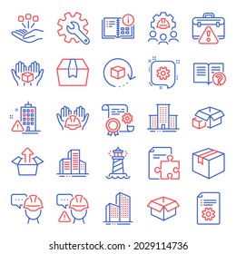 Industrial icons set. Included icon as Instruction info, Lighthouse, Builders union signs. Customisation, Help, Engineering team symbols. Packing boxes, Strategy, Warning briefcase. Parcel. Vector