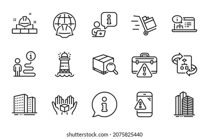 Industrial icons set. Included icon as Warning message, Hold box, Skyscraper buildings signs. Push cart, Construction bricks, Search package symbols. Warning briefcase, Technical algorithm. Vector