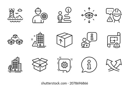 Industrial icons set. Included icon as Package, Buildings, Parcel delivery signs. Building warning, Open box, Parcel shipping symbols. Intersection arrows, Builder warning, Lighthouse. Vector