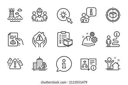 Industrial icons set. Included icon as Technical algorithm, Parcel tracking, Parcel checklist signs. Energy, Skyscraper buildings, Working process symbols. Warning, Lighthouse, New house. Vector