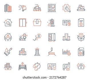 Industrial icons set. Included icon as Documentation, Engineering plan and Open door web elements. Buildings, Boxes pallet, Customisation icons. Paint roller, Technical algorithm. Vector
