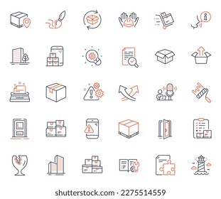 Industrial icons set. Included icon as Lighthouse, Skyscraper buildings and Parcel web elements. Mobile inventory, Parcel tracking, Brush icons. Typewriter, Engineering documentation. Vector