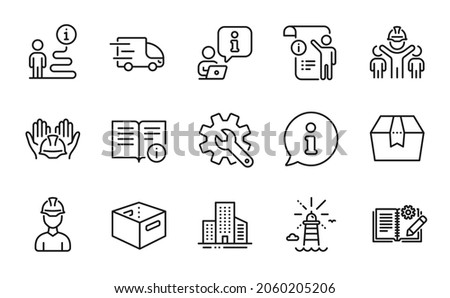 Industrial icons set. Included icon as Customisation, Engineering team, Lighthouse signs. Builders union, Technical info, Engineering documentation symbols. Office box, Package box. Vector Foto d'archivio © 