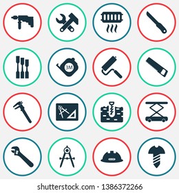 Industrial icons set with instruments, adjustable wrench, boer and other electric driver elements. Isolated vector illustration industrial icons.