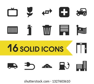 Industrial icons set with lift, energy and tractor elements. Set of industrial icons and plus concept. Editable vector elements for logo app UI design.