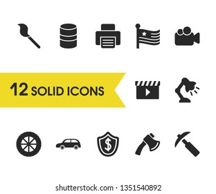 Industrial icons set with mine, lamp and bank service elements. Set of industrial icons and camcorder concept. Editable vector elements for logo app UI design.