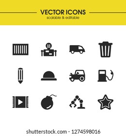 Industrial icons set with movie, button and truck elements. Set of industrial icons and refueling concept. Editable vector elements for logo app UI design.