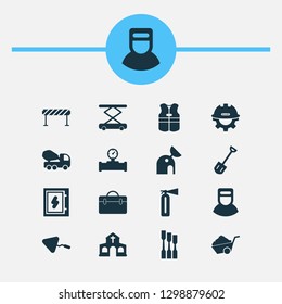 Industrial icons set with observatory, trowel, pipe with sensor and other astronomical elements. Isolated vector illustration industrial icons.