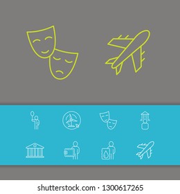 Industrial icons set with petrol barrel, wallet and tourism elements. Set of industrial icons and bank concept. Editable vector elements for logo app UI design.