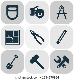Industrial icons set with pliers, instruments, hammer for tiles and other mallet elements. Isolated vector illustration industrial icons.