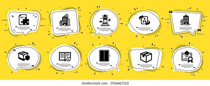 Industrial icons set. Speech bubble offer banners. Yellow coupon badge. Included icon as Buildings, Technical algorithm, Lighthouse signs. Parcel, Strategy, Technical info symbols. Vector