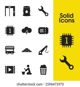 Industrial icons set with thunder, caravan and ticket elements. Set of industrial icons and elevator concept. Editable vector elements for logo app UI design.