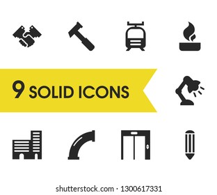 Industrial icons set with tram, pipe, handshake elements. Set of industrial icons and partnership concept. Editable vector elements for logo app UI design.