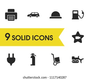 Industrial icons set with trolley, car and hollywood elements. Set of industrial icons and fire extinguisher concept. Editable vector elements for logo app UI design.