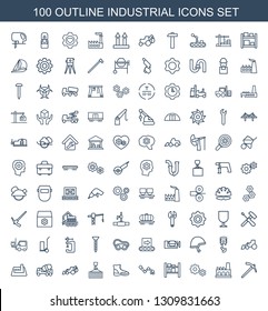 industrial icons. Trendy 100 industrial icons. Contain icons such as hammer, factory, gear, cargo barn, robot arm, boot, cargo on hook, excavator. industrial icon for web and mobile.