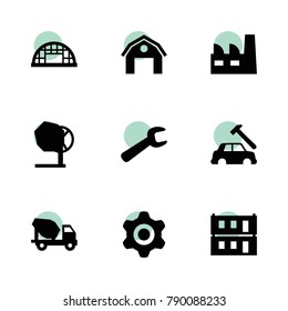 Industrial icons. vector collection filled industrial icons set.. includes symbols such as factory, hangar, gear, car body repair. use for web, mobile and ui design.