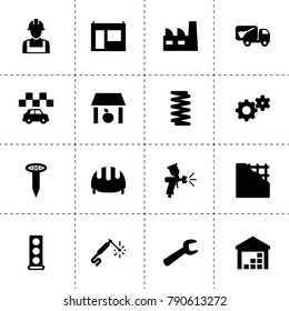 Industrial icons. vector collection filled industrial icons. includes symbols such as storage, factory, gear, engine head, paint spray gun. use for web, mobile and ui design.