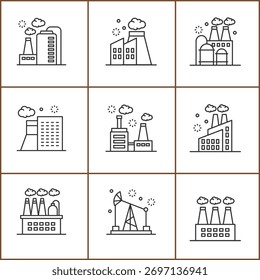 Industrial Icons Vector Set Outline Style Factories Plants and Oil