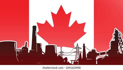 Industrial illustration for Canada vector illustration, manufacturing concept colored red with nuclear power plant, factory and mine on flag background in colors red, white