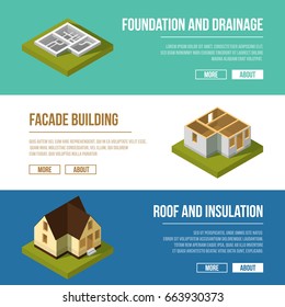 Industrial illustrations set with three banners of building construction stages. Vector isometric illustrations